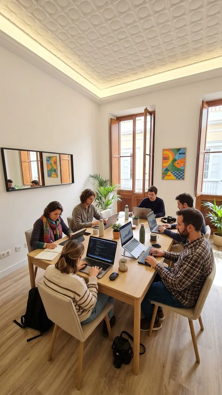 Area coworking interna di Casa Vera con postazioni di lavoro